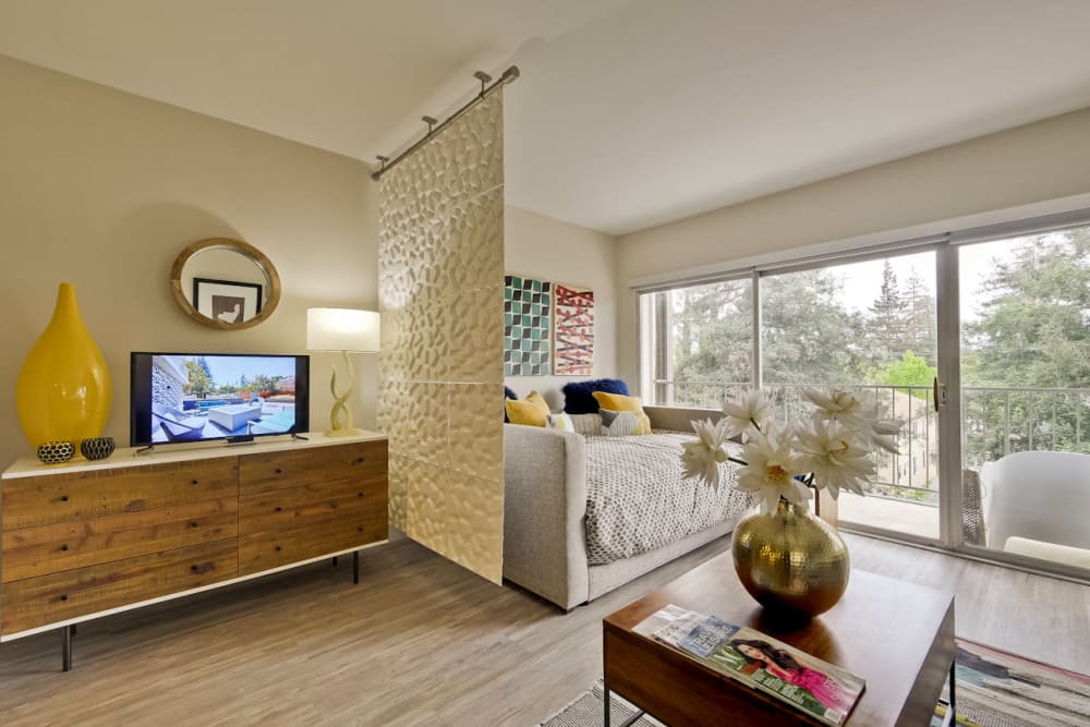 View of the private balcony outside a model studio apartment at Mia in Palo Alto, California