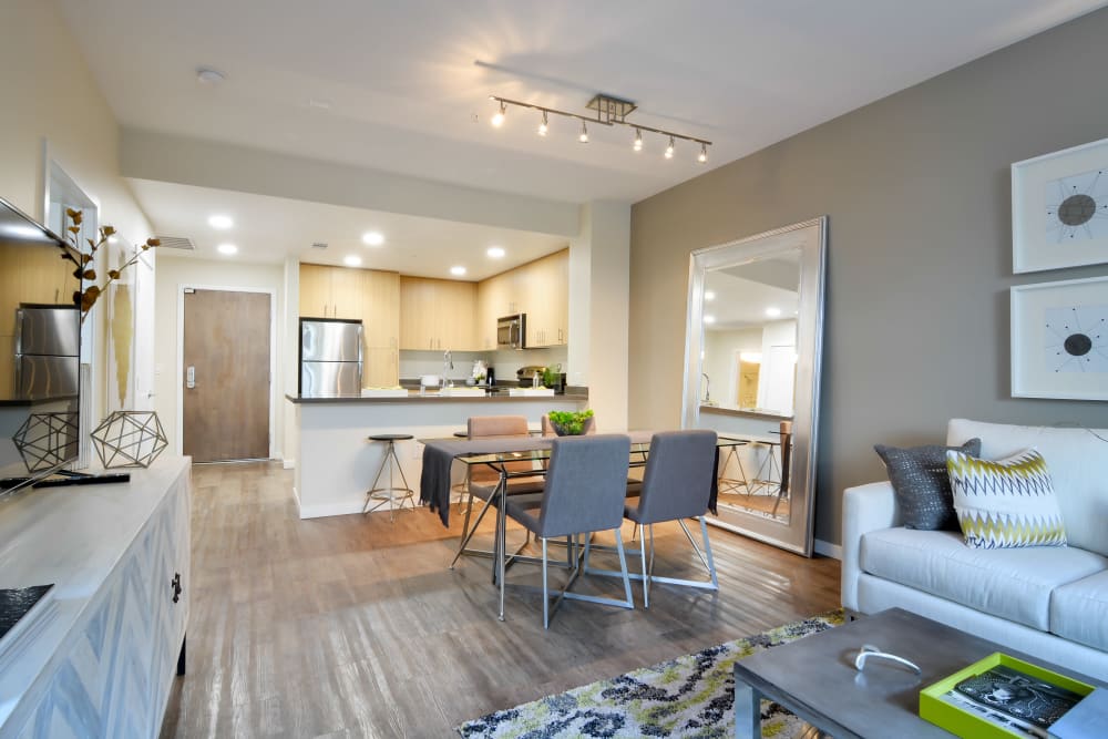 Open-concept floor plan with wood-style flooring at Domus on the Boulevard in Mountain View, California