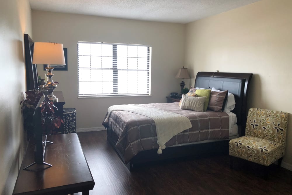 Clean, modern touches in bedrooms at Bayside Terrace in Pinellas Park, Florida