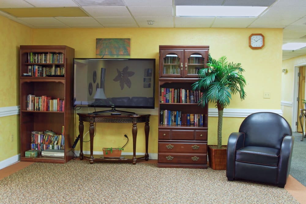 Bookcases and a large television at Bradenton Oaks in Bradenton, Florida