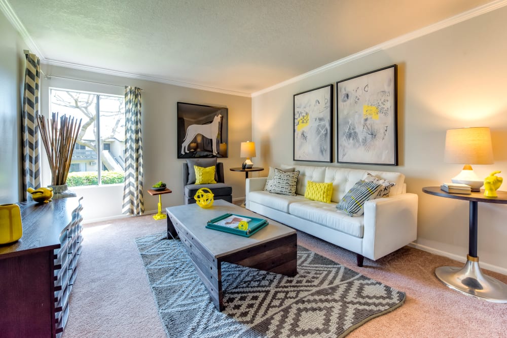 Model Living Room with natural light and plush carpeting at Sofi Laguna Hills in Laguna Hills, California