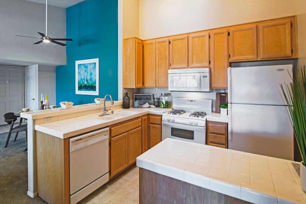 Modern kitchen with stainless-steel appliances in a model home at Sofi Canyon Hills in San Diego, California