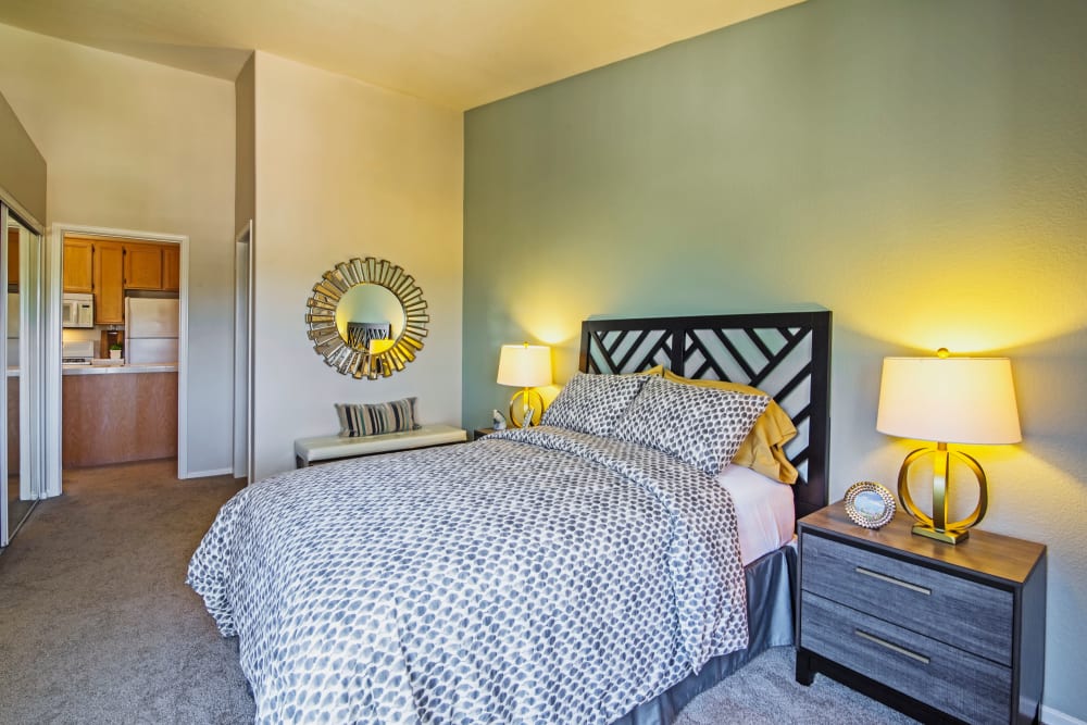 Accent wall in a model home's master bedroom at Sofi Canyon Hills in San Diego, California