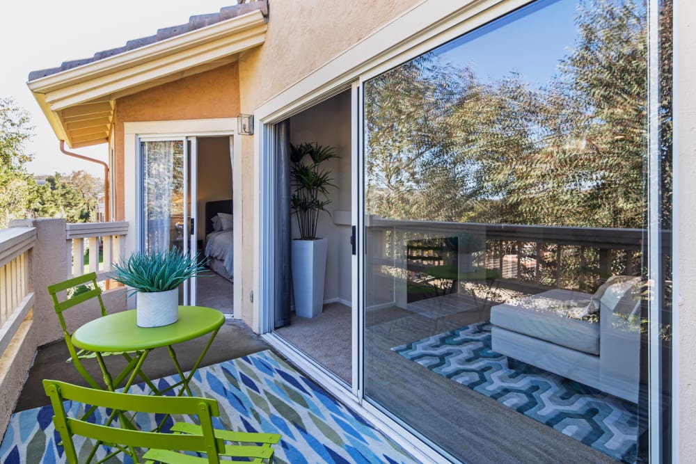 Private balcony outside a model home at Sofi Canyon Hills in San Diego, California