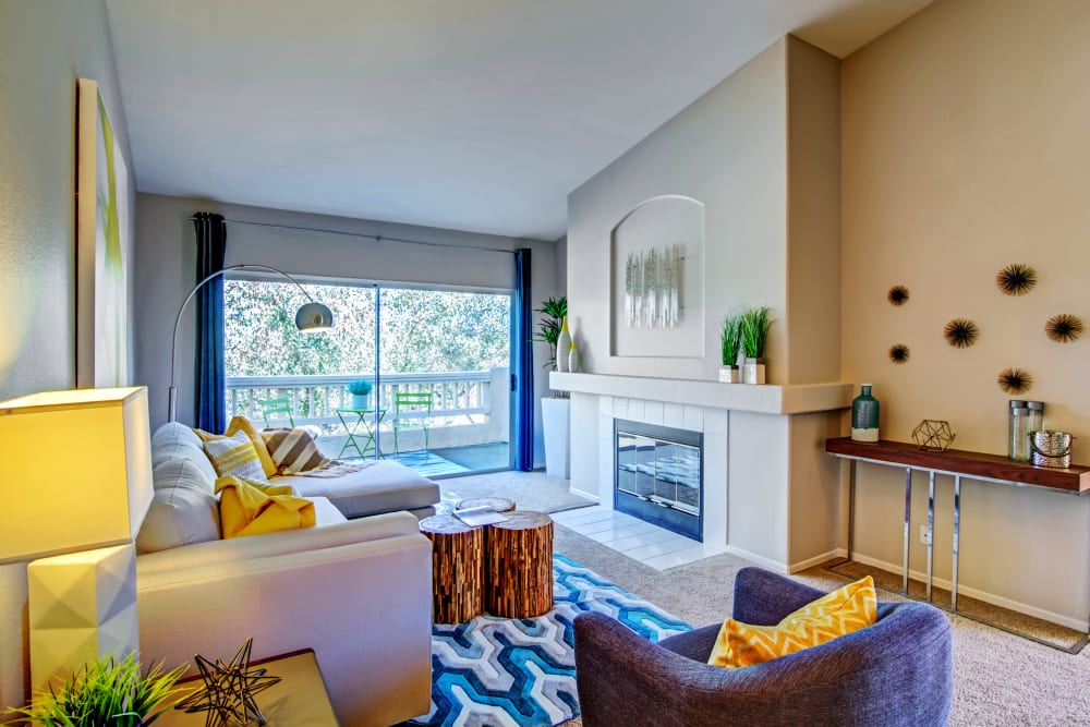 Well-furnished living space in a model home at Sofi Canyon Hills in San Diego, California