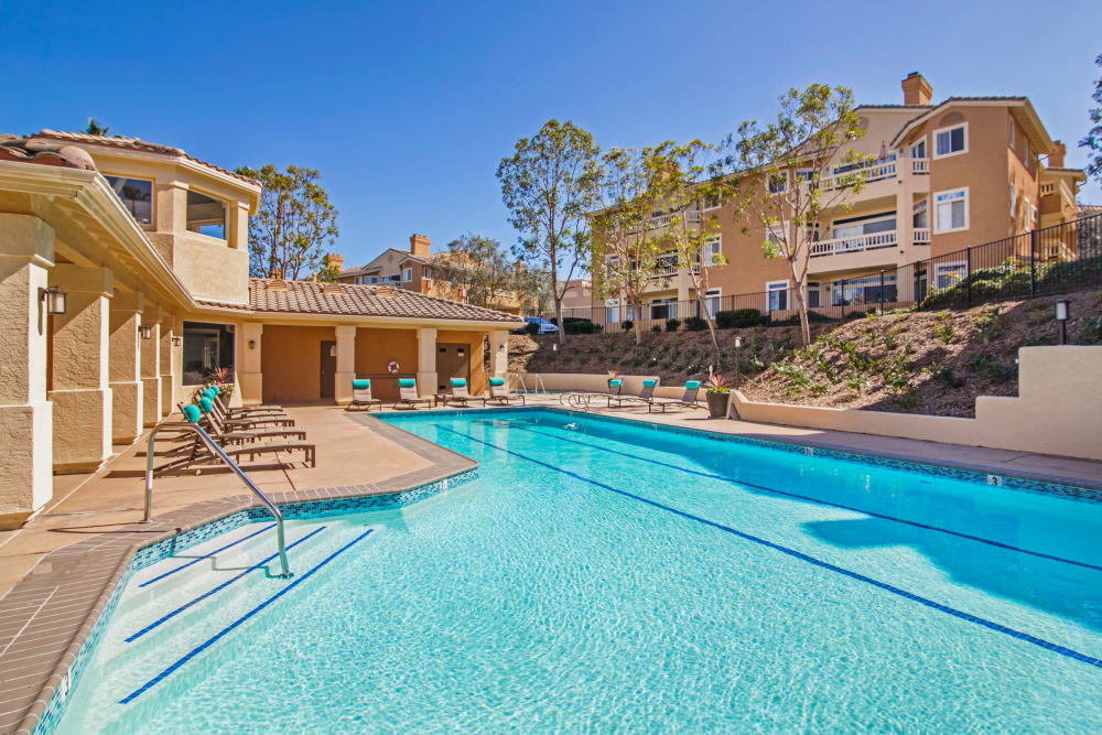 Resort-style swimming pool at Sofi Canyon Hills in San Diego, California