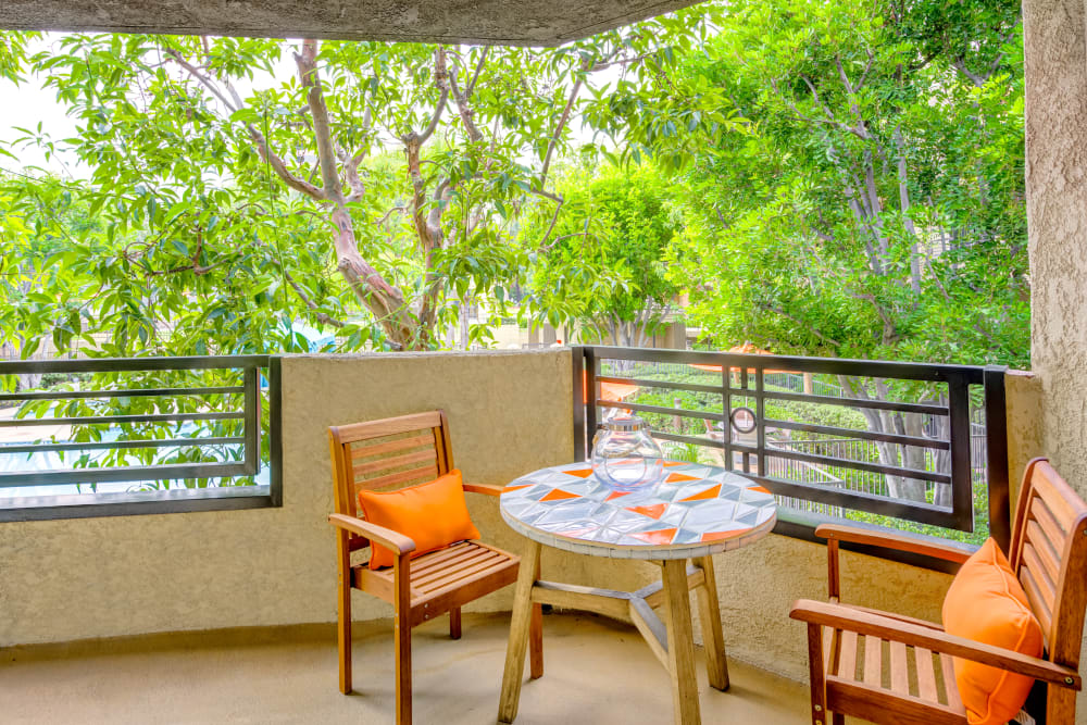  Furniture set on a model home's private balcony at Sofi Irvine in Irvine, California