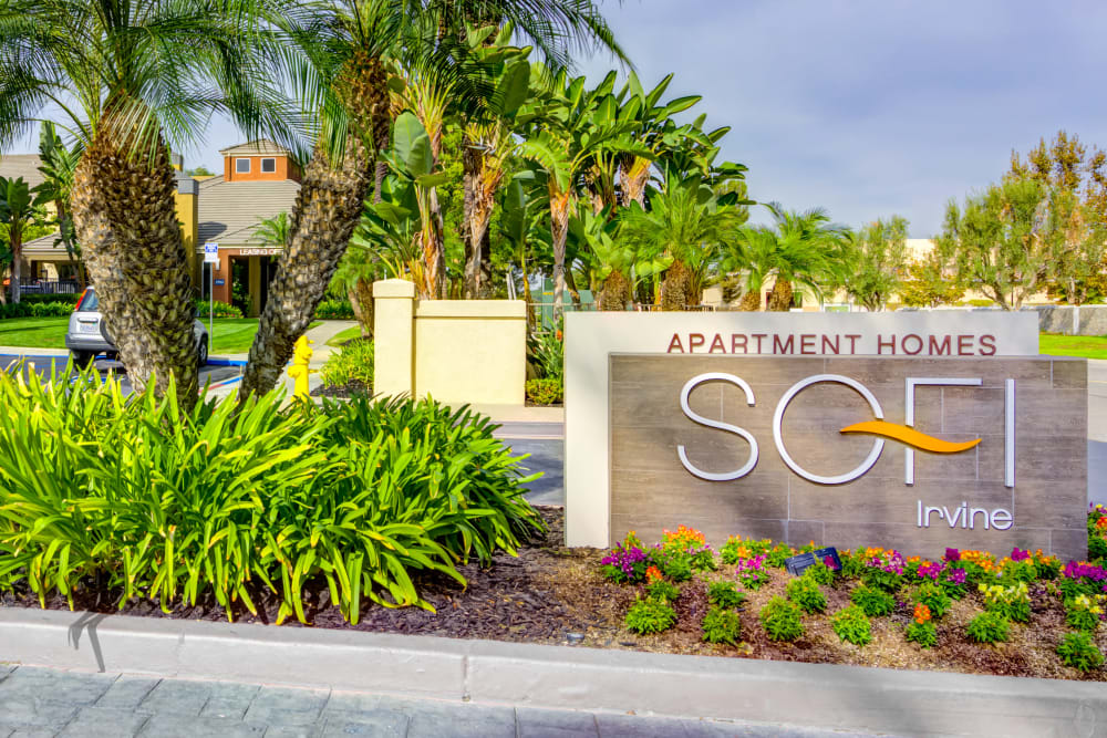 Monument sign welcoming residents and their guests to Sofi Irvine in Irvine, California