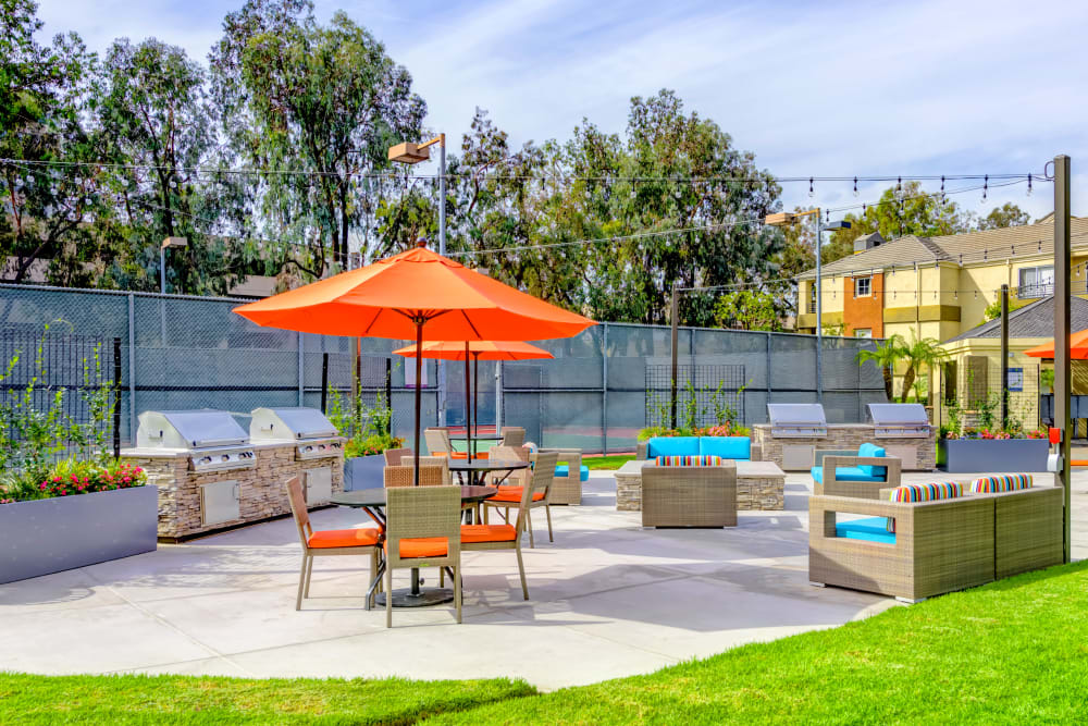 Barbecue area with gas grills near the fire pit at Sofi Irvine in Irvine, California