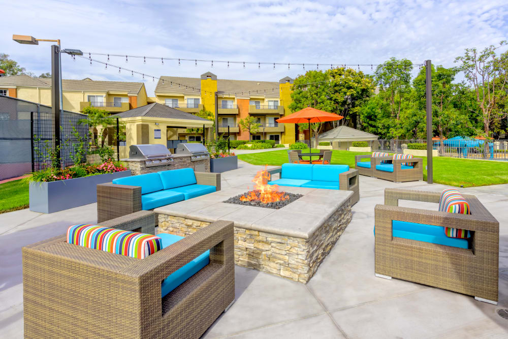 Lounge seating at the fire pit at Sofi Irvine in Irvine, California