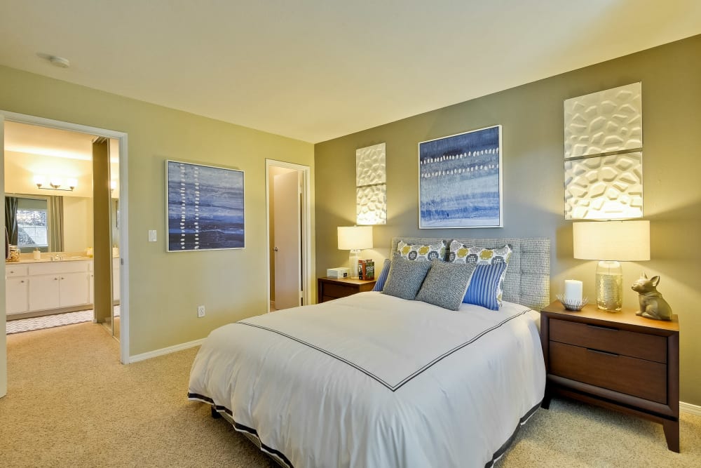 Master bedroom with an accent wall and en suite bathroom in a model home at Sofi at Los Gatos Creek in San Jose, California