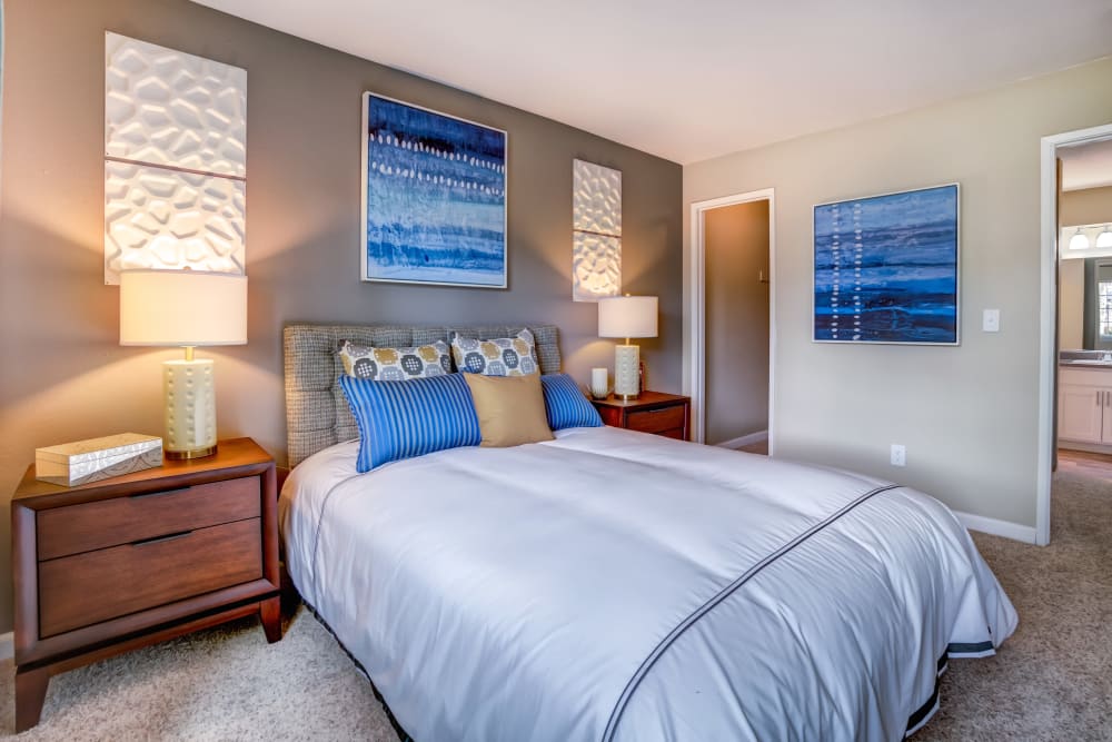 Accent wall and plush carpeting in a model home's master suite at Sofi at Los Gatos Creek in San Jose, California