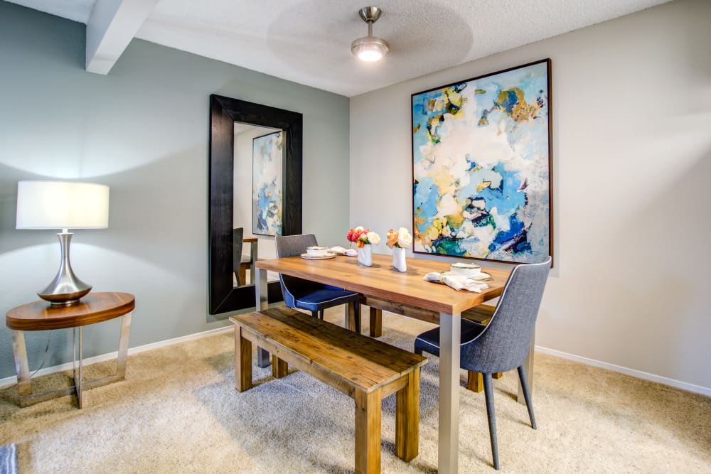 Well-furnished dining area in a model home at Vue Fremont in Fremont, California