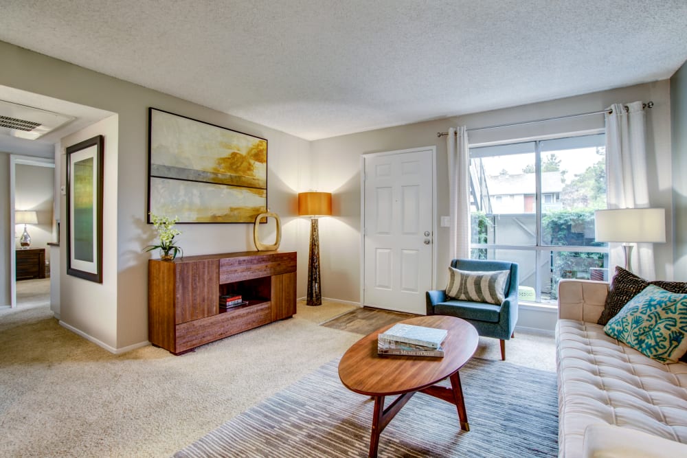 Retro-modern furnishings in the open-concept living area of a model home at Vue Fremont in Fremont, California