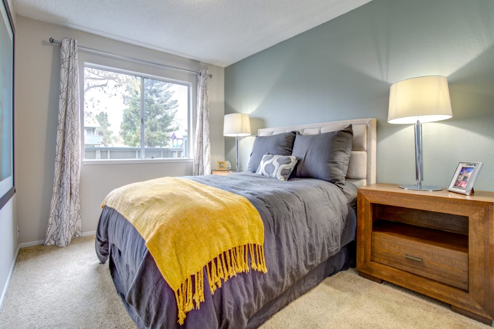 Accent wall in a model home's bedroom at Vue Fremont in Fremont, California