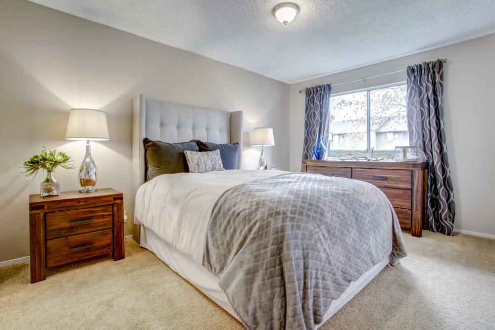 Draped window in a model home's bedroom at Vue Fremont in Fremont, California