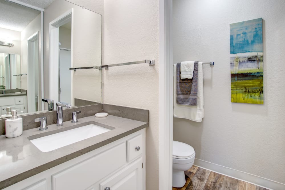 Granite countertop and a large vanity mirror in a model home's bathroom at Vue Fremont in Fremont, California