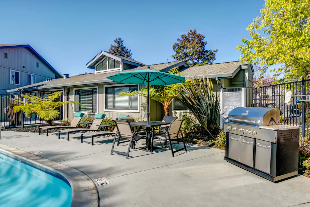 Barbecue area with gas grills and chaise lounge chairs near the pool at Vue Fremont in Fremont, California