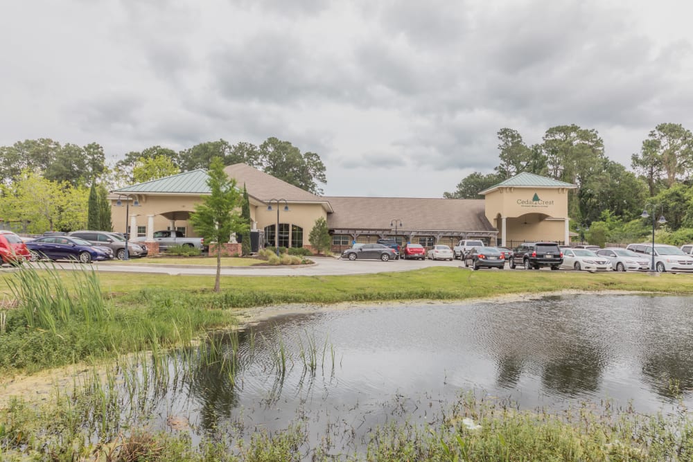 The pond in front of Cedar Crest Memory Care in Lafayette, Louisiana