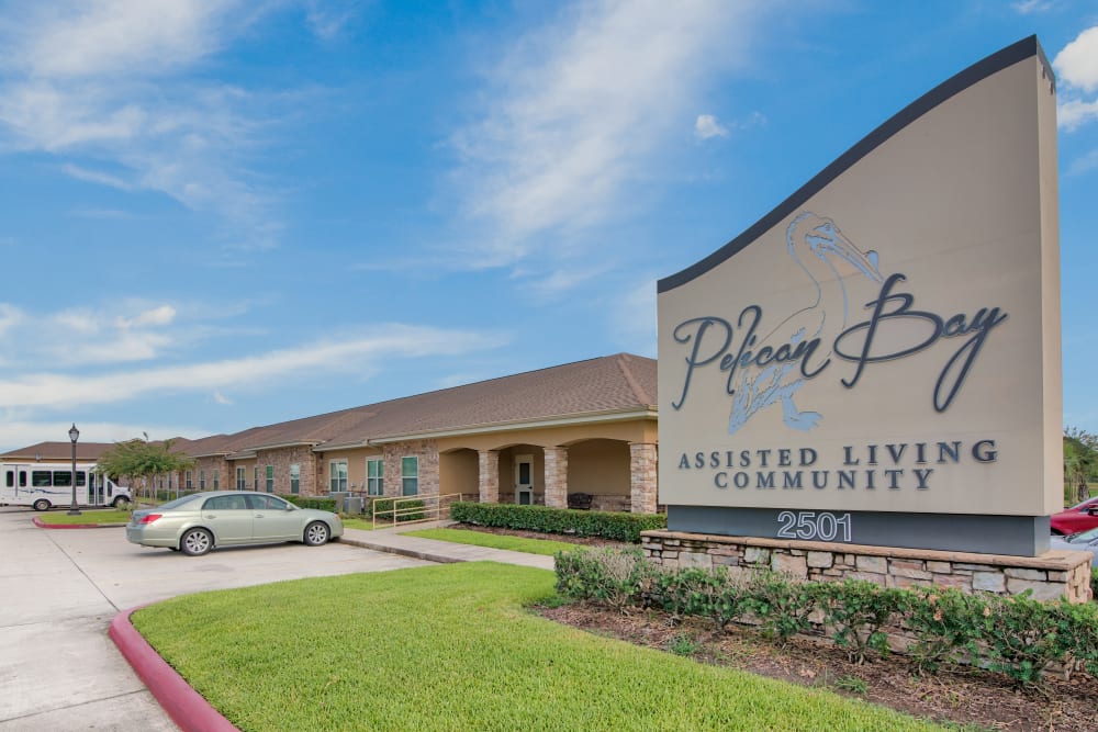 The front sign and exterior of Pelican Bay in Beaumont, Texas