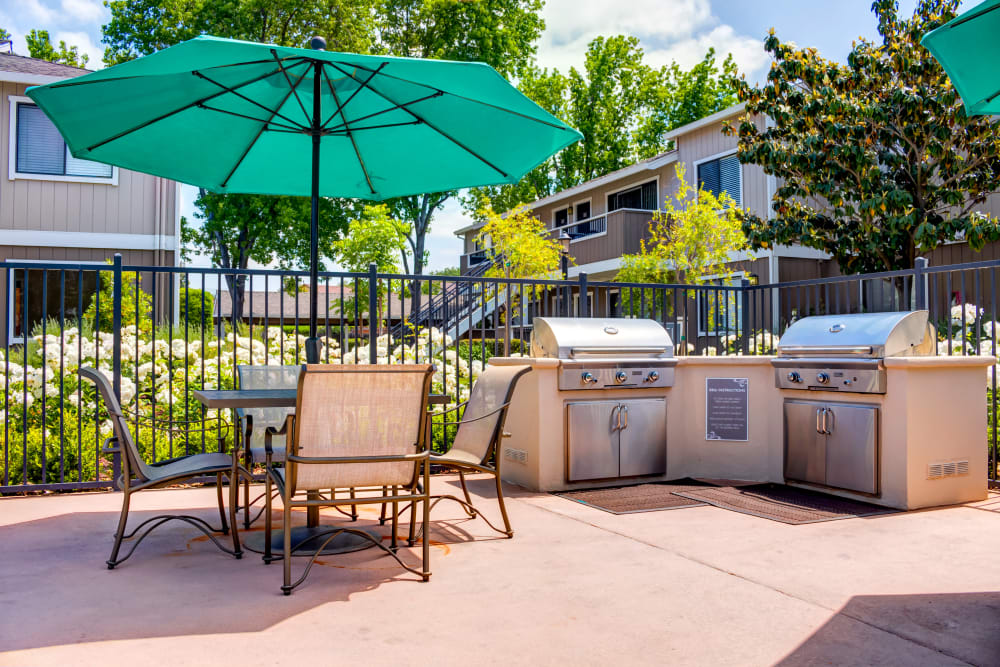 Barbecue area with gas grills at Sofi Berryessa in San Jose, California