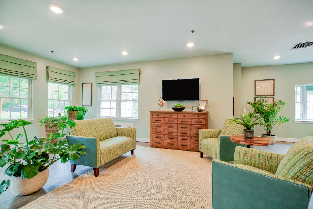 A clean and bright community visiting area at Wood Haven in Tewksbury, Massachusetts