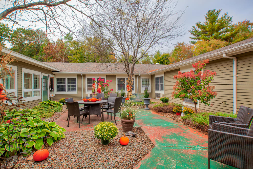 The colorful courtyard at Wood Haven in Tewksbury, Massachusetts