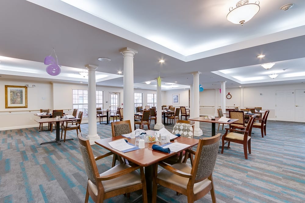 Carpeted dining hall at Brentwood at Hobart in Hobart, Indiana