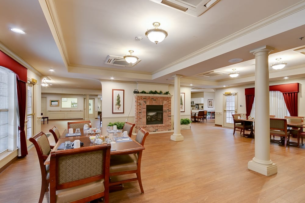 Dining hall with fireplace at Brentwood at Hobart in Hobart, Indiana