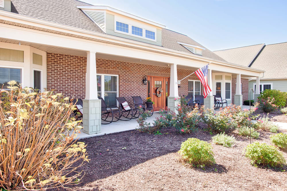 Front porch with shrubs at Landings of Huber Heights in Huber Heights, Ohio