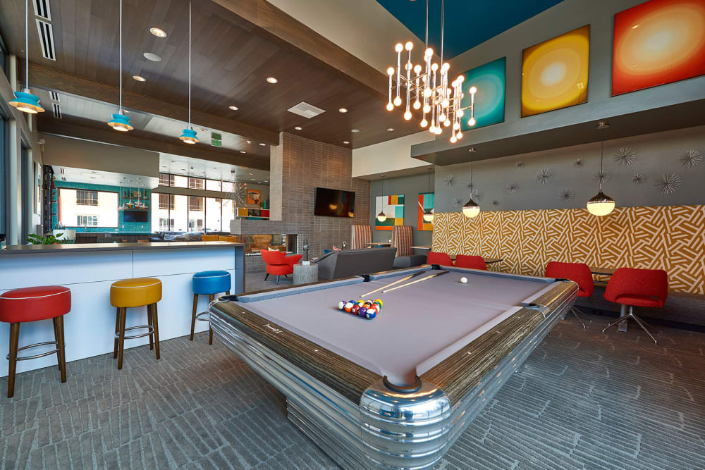Billiards table in Encore Evans Station's clubhouse in Denver, Colorado