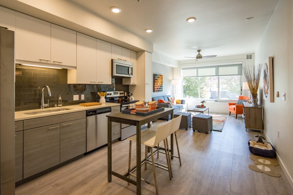 Gourmet kitchen with stainless-steel appliances looking into the living space of a model home at EVIVA Midtown in Sacramento, California