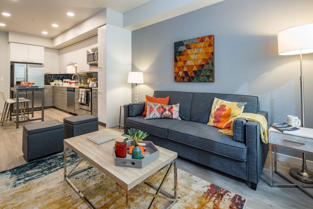 Colorful decor in the living area of a model home at EVIVA Midtown in Sacramento, California