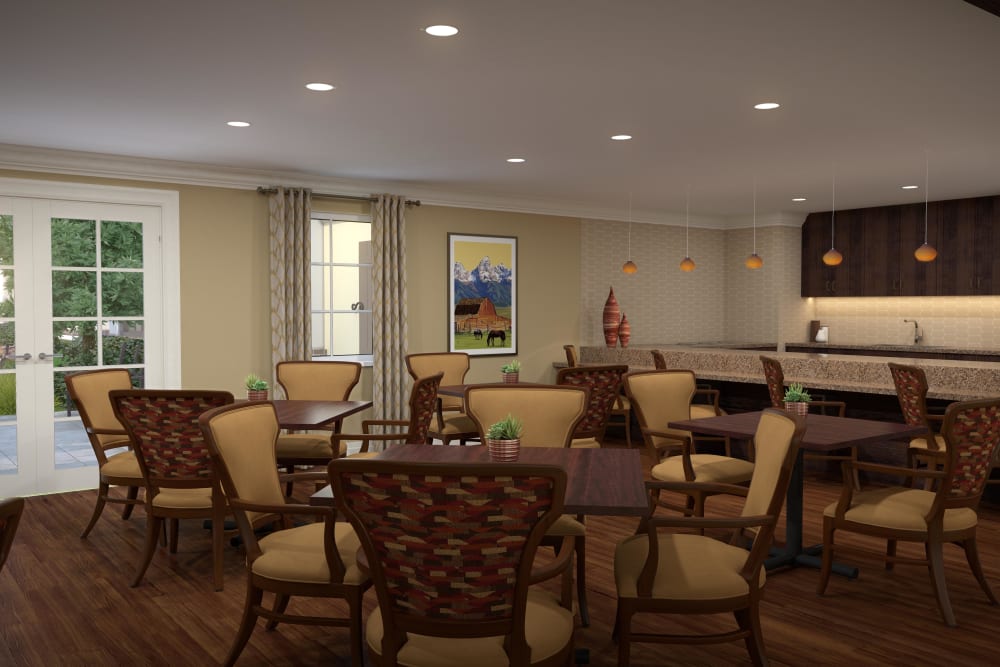 Main dining hall with hardwood floors at Regency Palms Oxnard in Oxnard, California