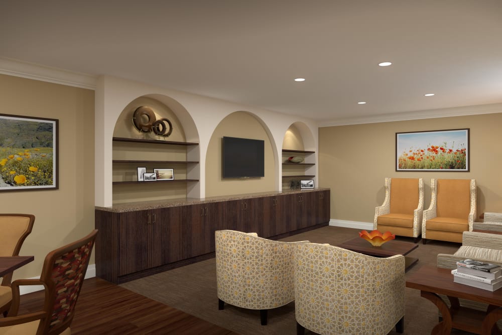 Lounge with chairs and a tv at Regency Palms Oxnard in Oxnard, California