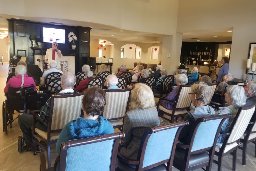 Residents watching a presentation at Inspired Living Lakewood Ranch in Bradenton, Florida. 