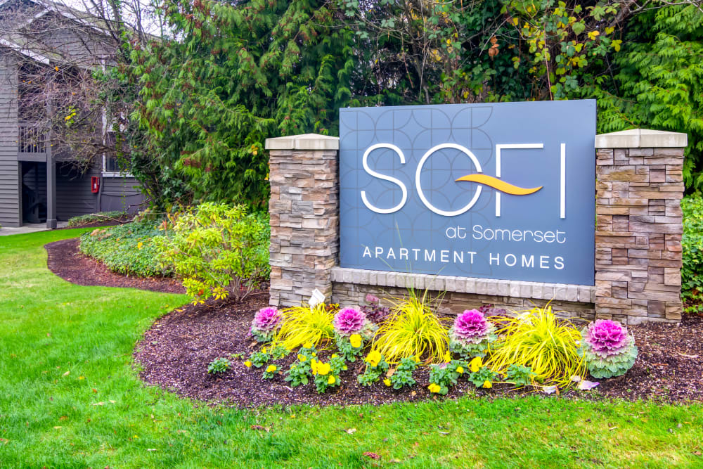 Our monument sign welcoming residents and their guests to Sofi at Somerset in Bellevue, Washington