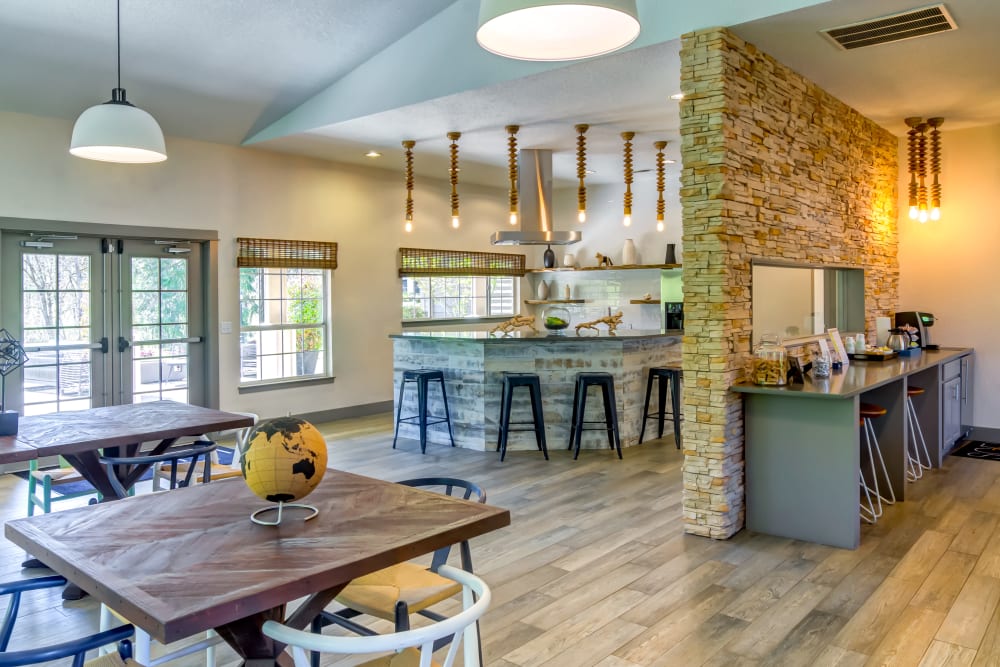 Demonstration kitchen and coffee bar in the clubhouse at Sofi at Murrayhill in Beaverton, Oregon