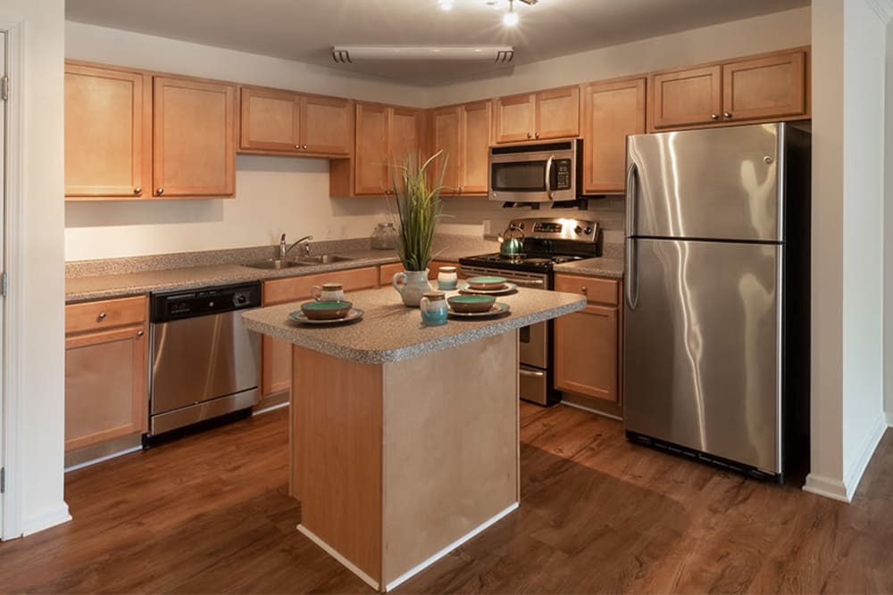 Kitchen with stainless steel appliances at Cannon Mills in Dover, Delaware