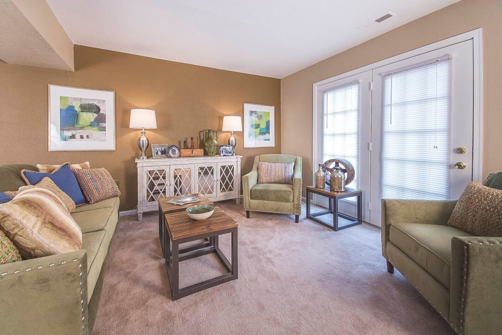 Accent wall and plush carpeting in the living area of a model home at North Woods in Charlottesville, Virginia