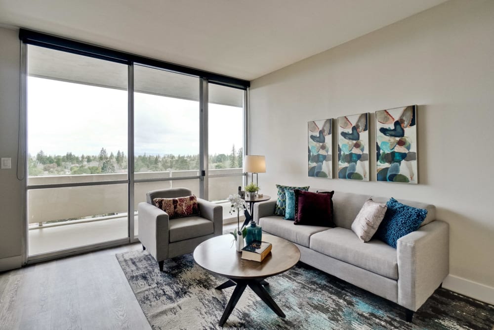 The living room of an apartment at The Marc, Palo Alto in Palo Alto, California