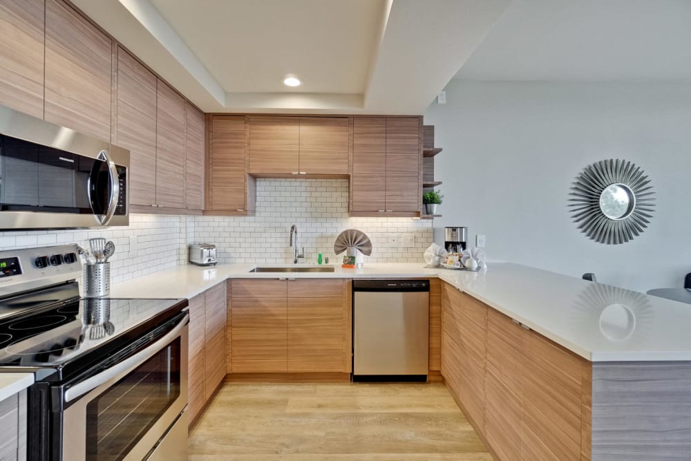 The kitchen of a newly renovated apartment at The Marc, Palo Alto in Palo Alto, California