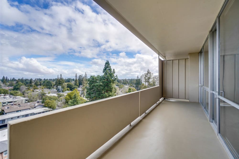 The balcony of an apartment at The Marc, Palo Alto in Palo Alto, California