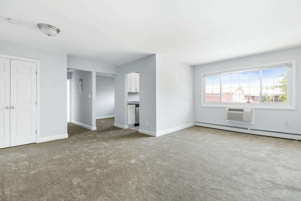 Living room with plush carpet at Eagle Rock Apartments at Mineola in Mineola, New York