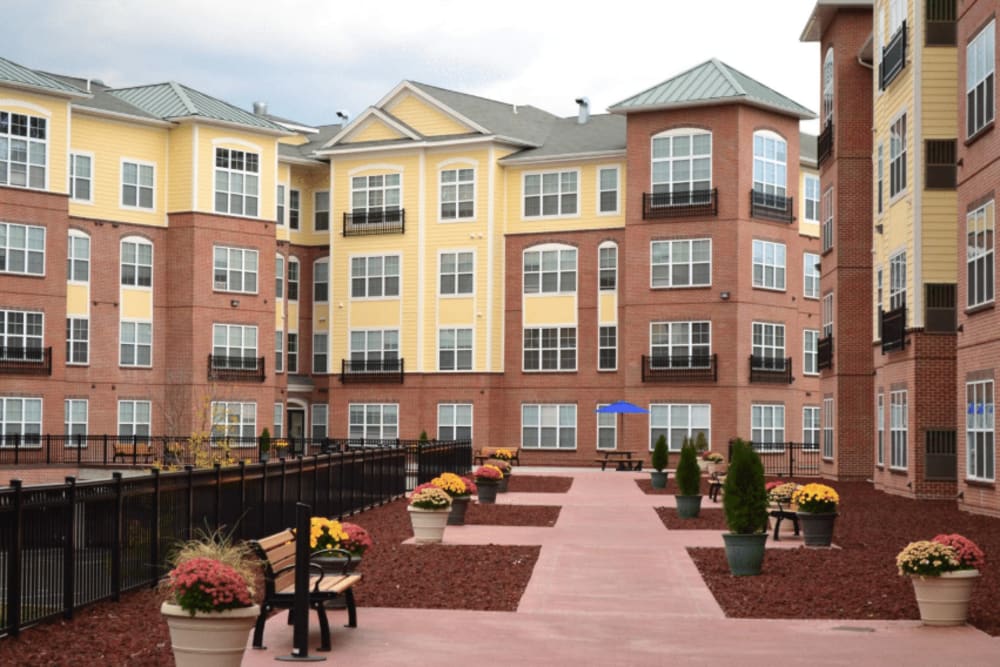 Beautifully landscaped courtyard at Westville Village Apartments in New Haven, Connecticut
