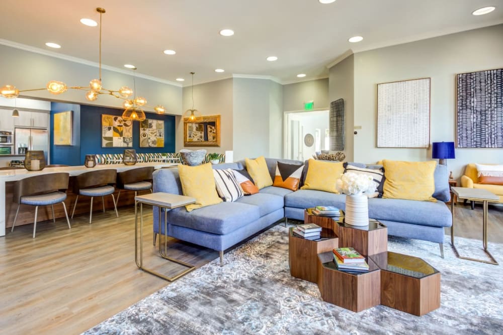 Lounge area near the demonstration kitchen in the clubhouse at Sofi Highlands in San Diego, California