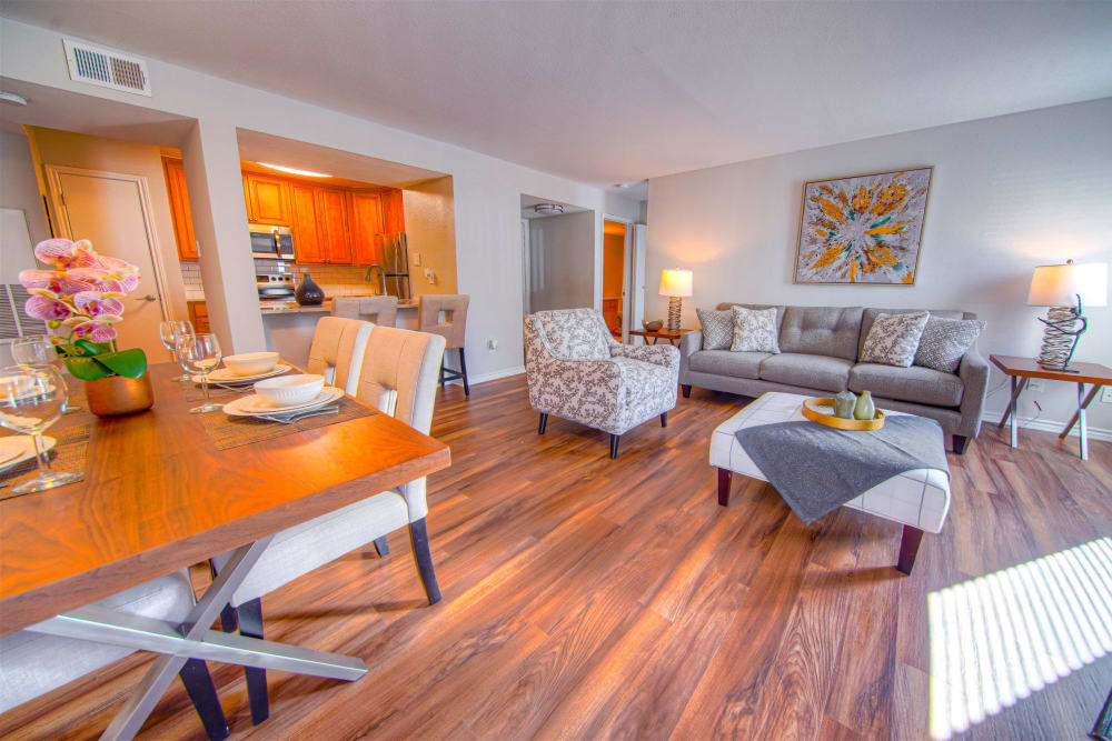 Well decorated living room at Hampton Point Apartment Homes in Silver Spring, Maryland