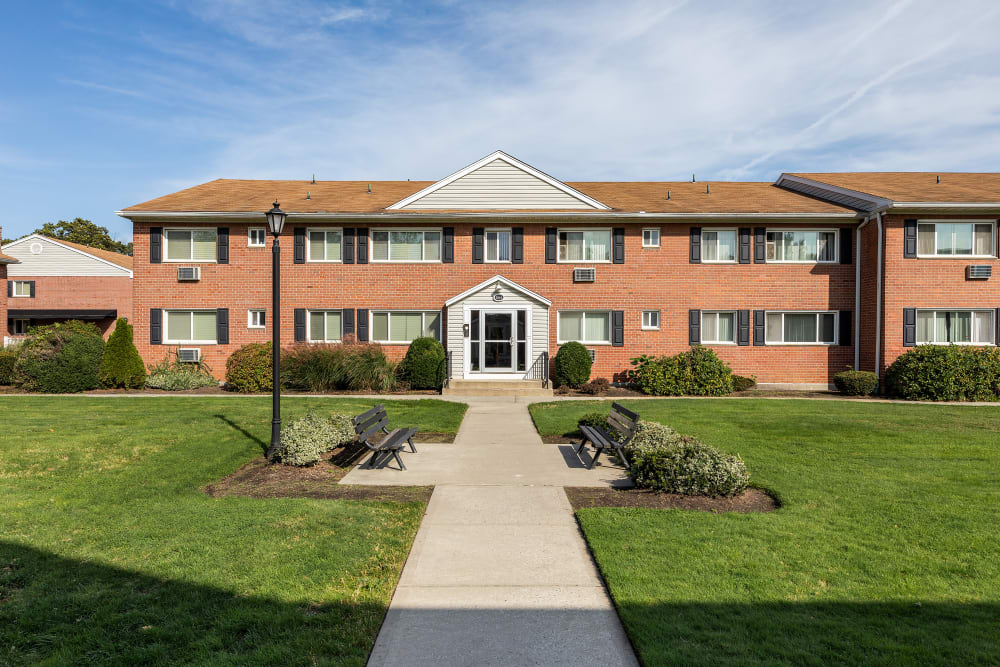 Main entrance and courtyard at Mid Island Apartments in Bay Shore, New York