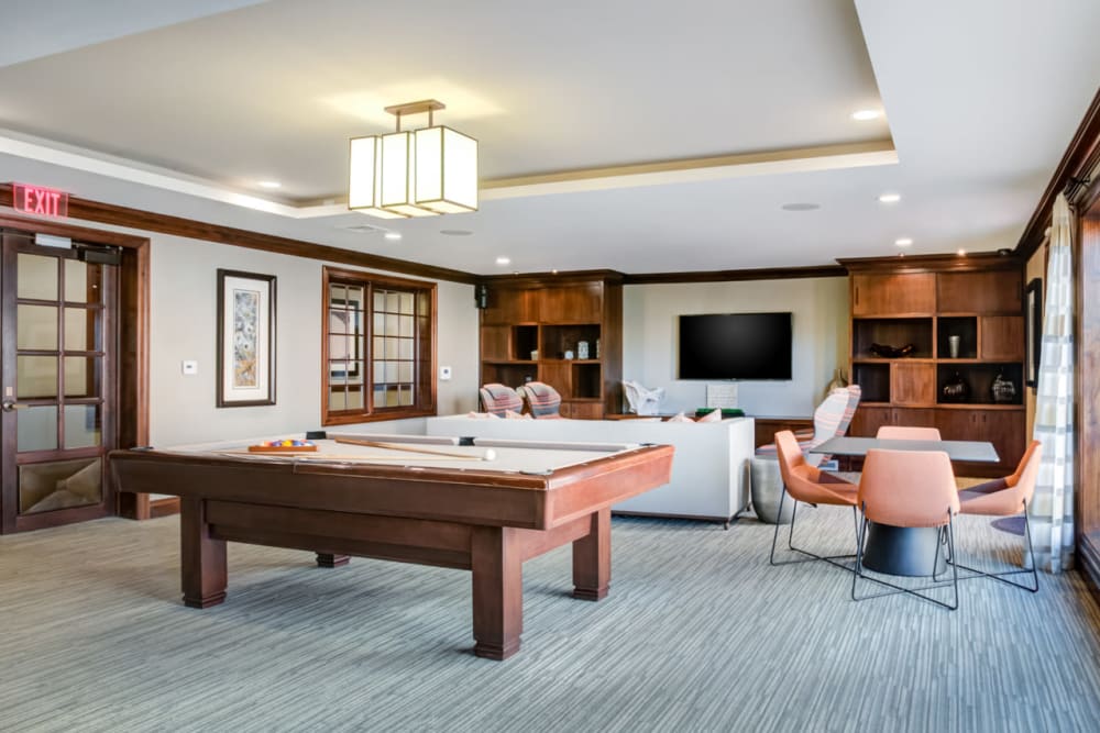 Billiards table in the resident clubhouse at Sofi at Morristown Station in Morristown, New Jersey