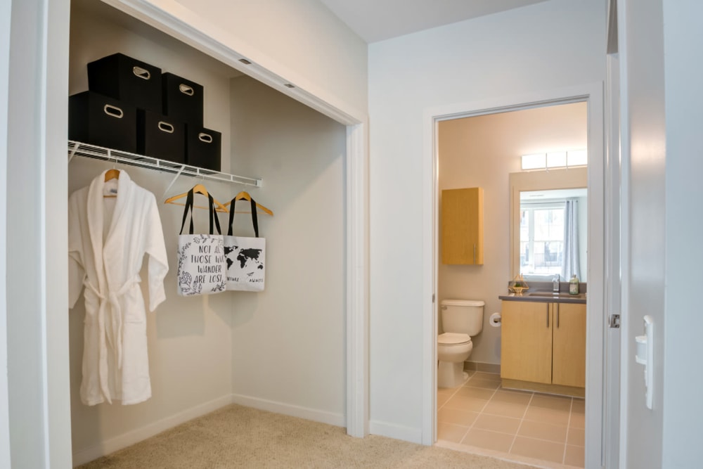 Spacious closet and bathroom at Sofi at Morristown Station in Morristown, New Jersey